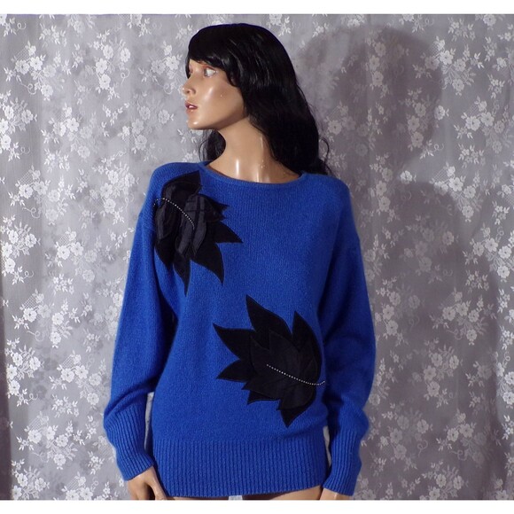 80s Cocktail Sweater Vintage 1980s Blue & Black New Wave Retro Angora Size Large - Picture 4 of 7